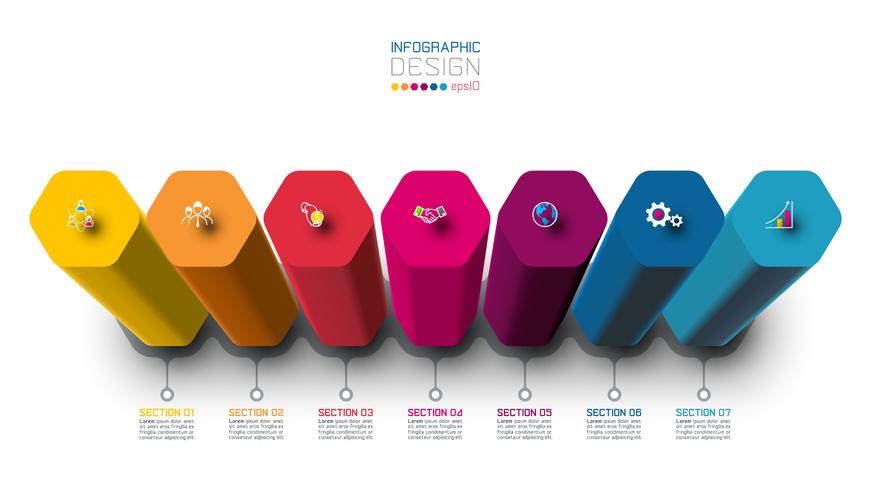 Diseño de la etiqueta de vector infografía con diseño de columnas hexagonales.