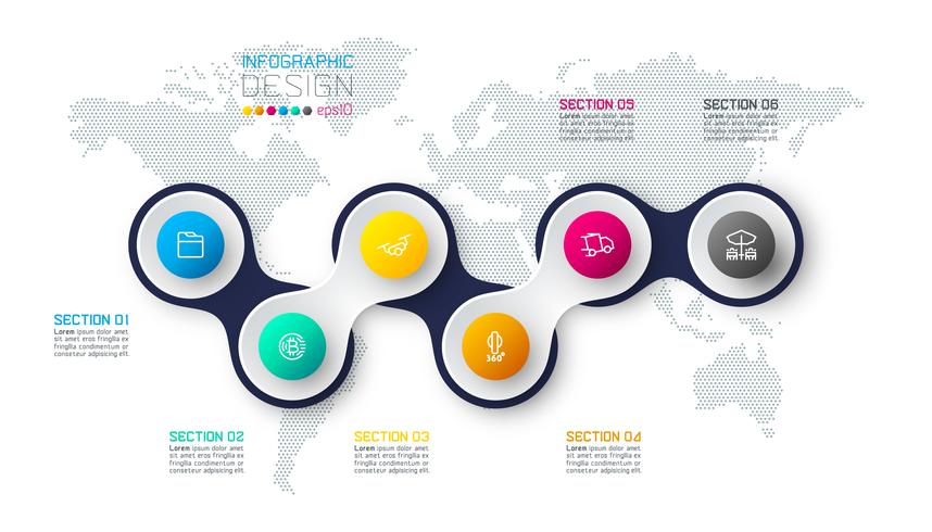 Círculo vinculado con infografías de iconos de negocios en el fondo del mapa del mundo. vector