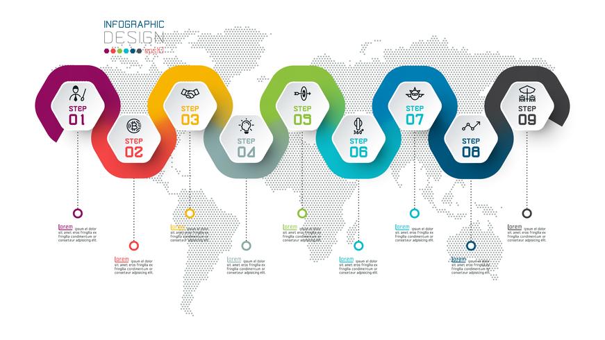 Etiqueta hexagonal con infografías de líneas de color. vector