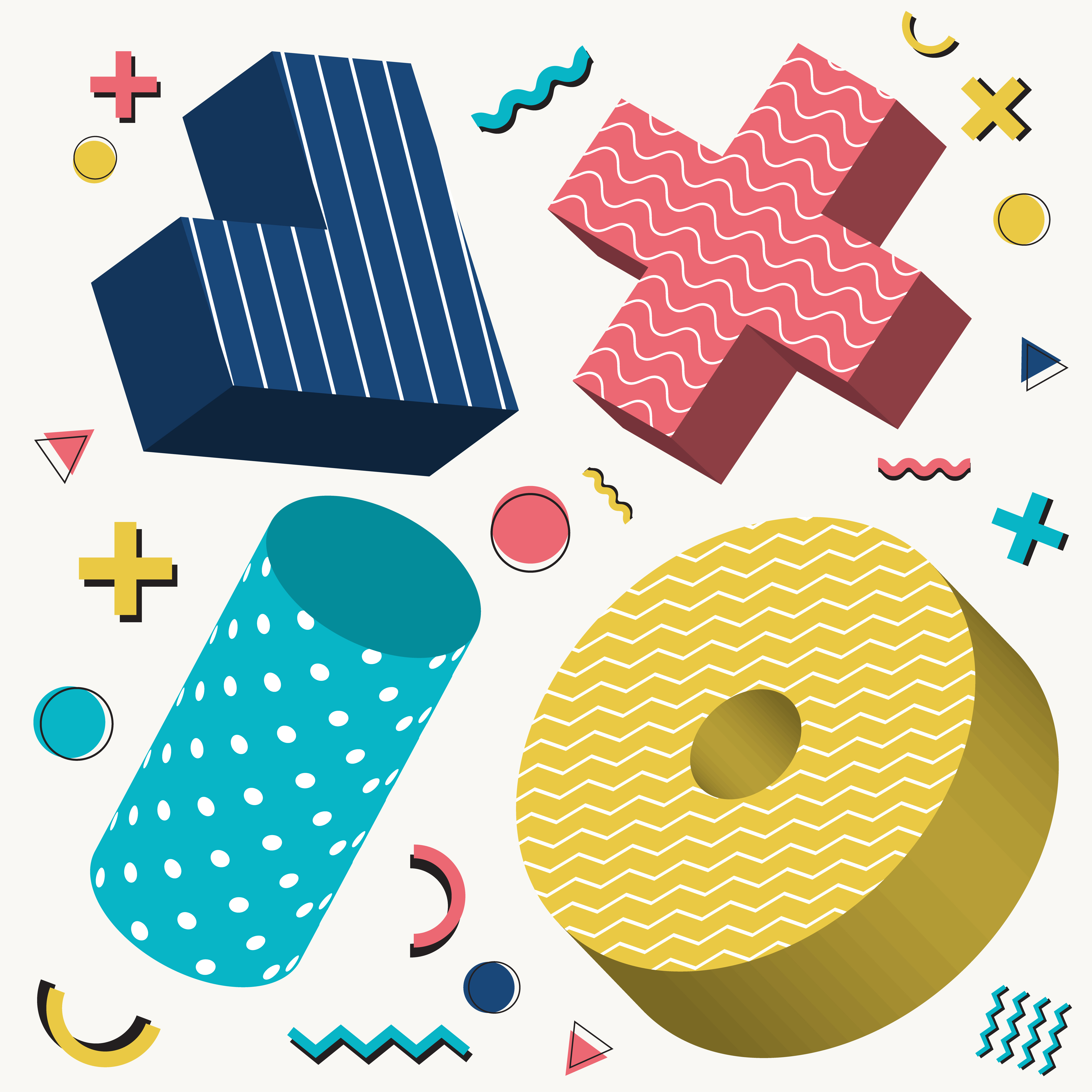 Abstract 3D objects design memphis style pattern with colorful