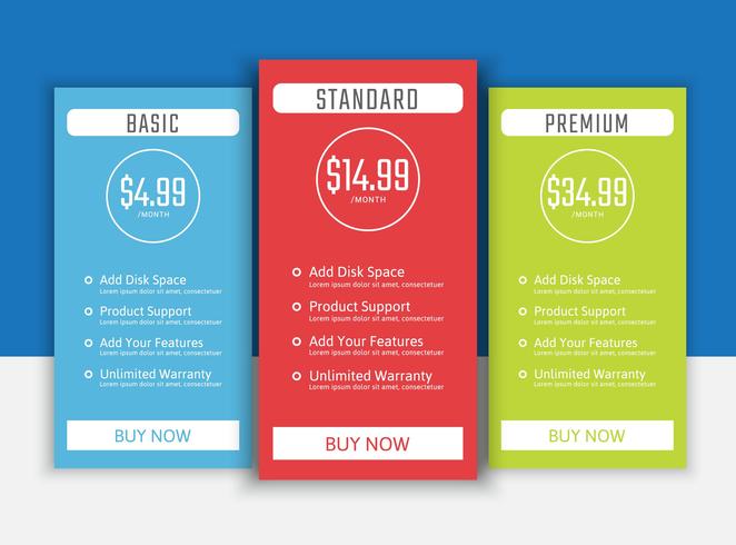 Tabla de precios lista paquete vector