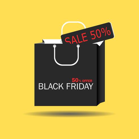 Black Friday concept Bolso de papel negro cortado con etiqueta oferta Oferta. Banner de viernes negro para promocionar. Ilustración de vectores aislado sobre fondo amarillo