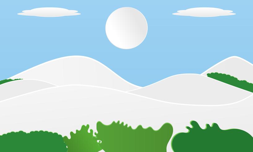 Diseño de la montaña blanca del paisaje Con estilo del arte de la nube del corte del papel, en fondo del color en colores pastel en tiempo de verano. Diseño de cartel sitio web banner vector illustration