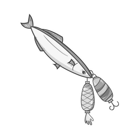 grayscale fish bitting spinner object to catch it vector