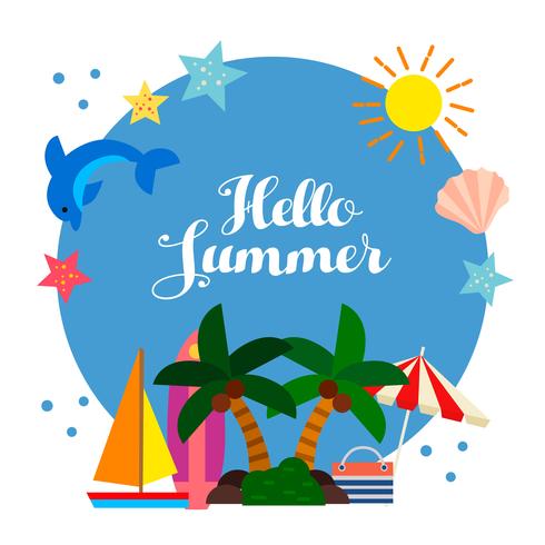 blue circle summer dolphin coconut tree template vector