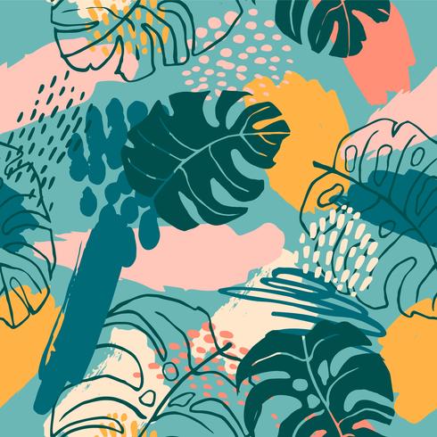 Abstract creative seamless pattern with tropical plants and artistic background. vector