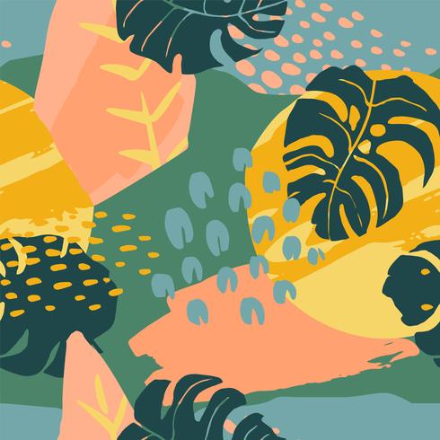Abstract creative seamless pattern with tropical plants and artistic background. vector