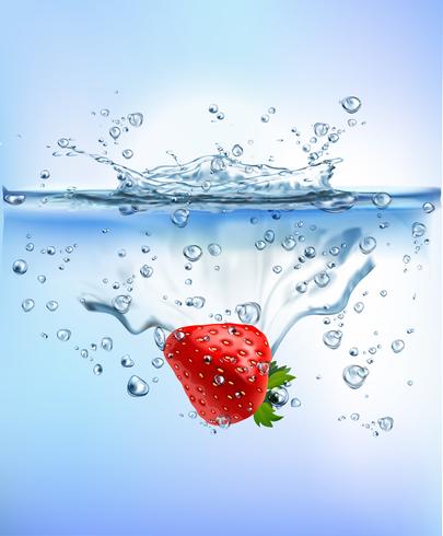 fresh fruit splashing into blue clear water splash healthy food diet freshness concept isolated white background. Realistic Vector Illustration.