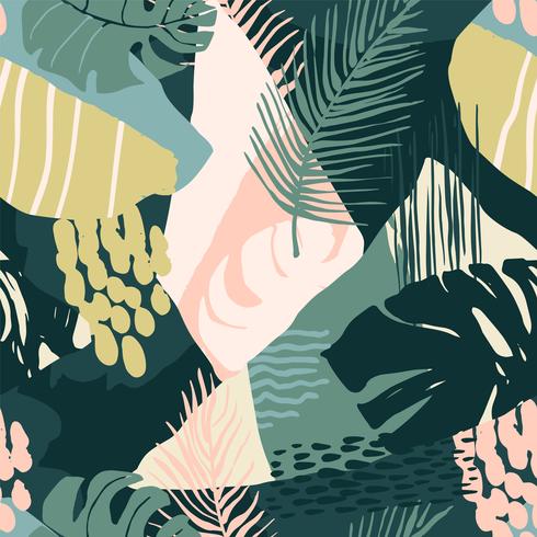 Abstract creative seamless pattern with tropical plants and artistic background. vector