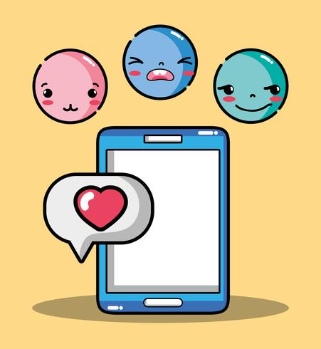 smartphone with emoji emotion faces character vector