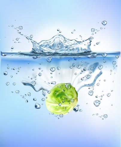 fresh vegetables splashing into blue clear water splash healthy food diet freshness concept isolated white background. Realistic Vector Illustration.