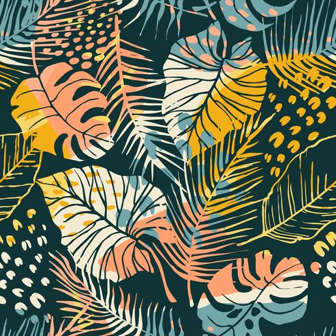 Abstract creative seamless pattern with tropical plants and artistic background. vector