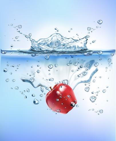 fresh fruit splashing into blue clear water splash healthy food diet freshness concept isolated white background. Realistic Vector Illustration.