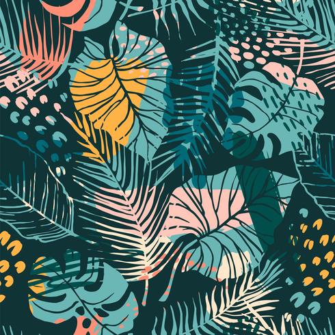 Abstract creative seamless pattern with tropical plants and artistic background. vector