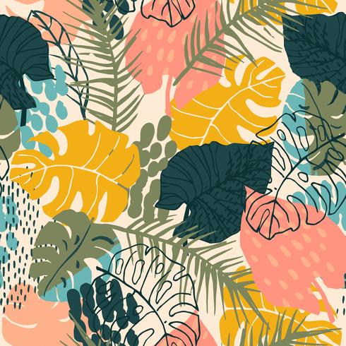 Abstract creative seamless pattern with tropical plants and artistic background. vector