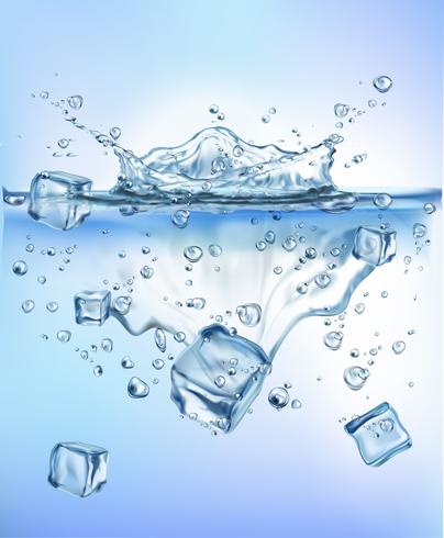 fresh vegetables splashing ice into blue clear water splash healthy food diet freshness concept isolated white background. Realistic Vector Illustration.