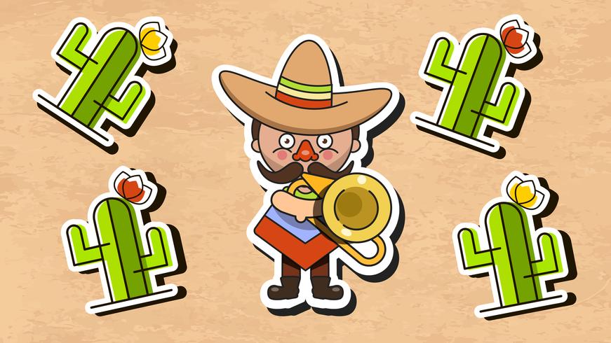 Ilustración de vector de músico mexicano con ropa nativa de hombres y Sombrero plano Vector