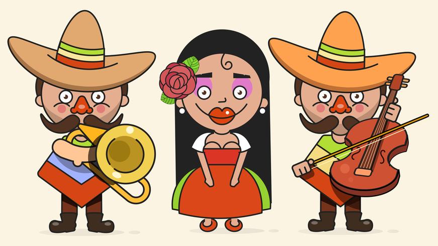 Ilustración vectorial de músicos mexicanos con dos hombres y una mujer con guitarras en ropa nativa y sombrero plano Vector