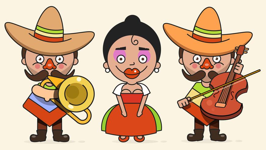 Ilustración vectorial de músicos mexicanos con dos hombres y una mujer con guitarras en ropa nativa y sombrero plano Vector