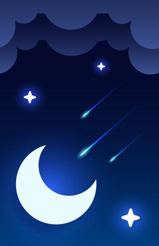 Mystical Night sky background with half moon, clouds and stars. Moonlight night. Vector