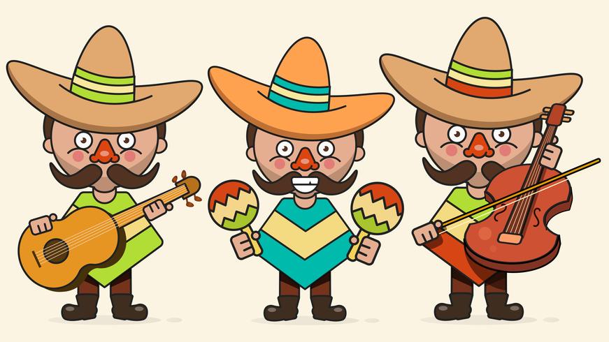 Ilustración de Vector de músicos mexicanos con tres hombres con guitarras en ropa nativa y Sombrero plano Vector