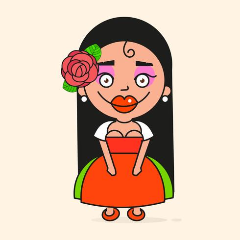 Mujer mexicana de dibujos animados, lista para su diseño, tarjeta de felicitación, pancarta. Vector