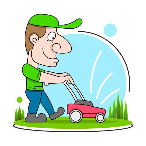 Illustration Of A Gardener Wearing Hat And Overalls With Lawnmower Mowing Lawn Viewed From Front Set On Isolated vector