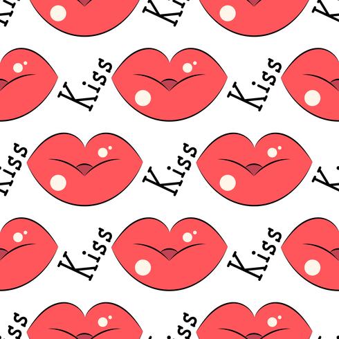 Lips pattern. Vector seamless pattern with woman s red kissing flat lips.