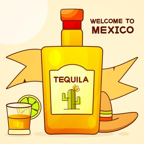 Mexican Background With A Fancy Bottle Of Tequila. Fancy Tequila Name Added. Template For Greeting Card, Invitation Or Poster. Vector