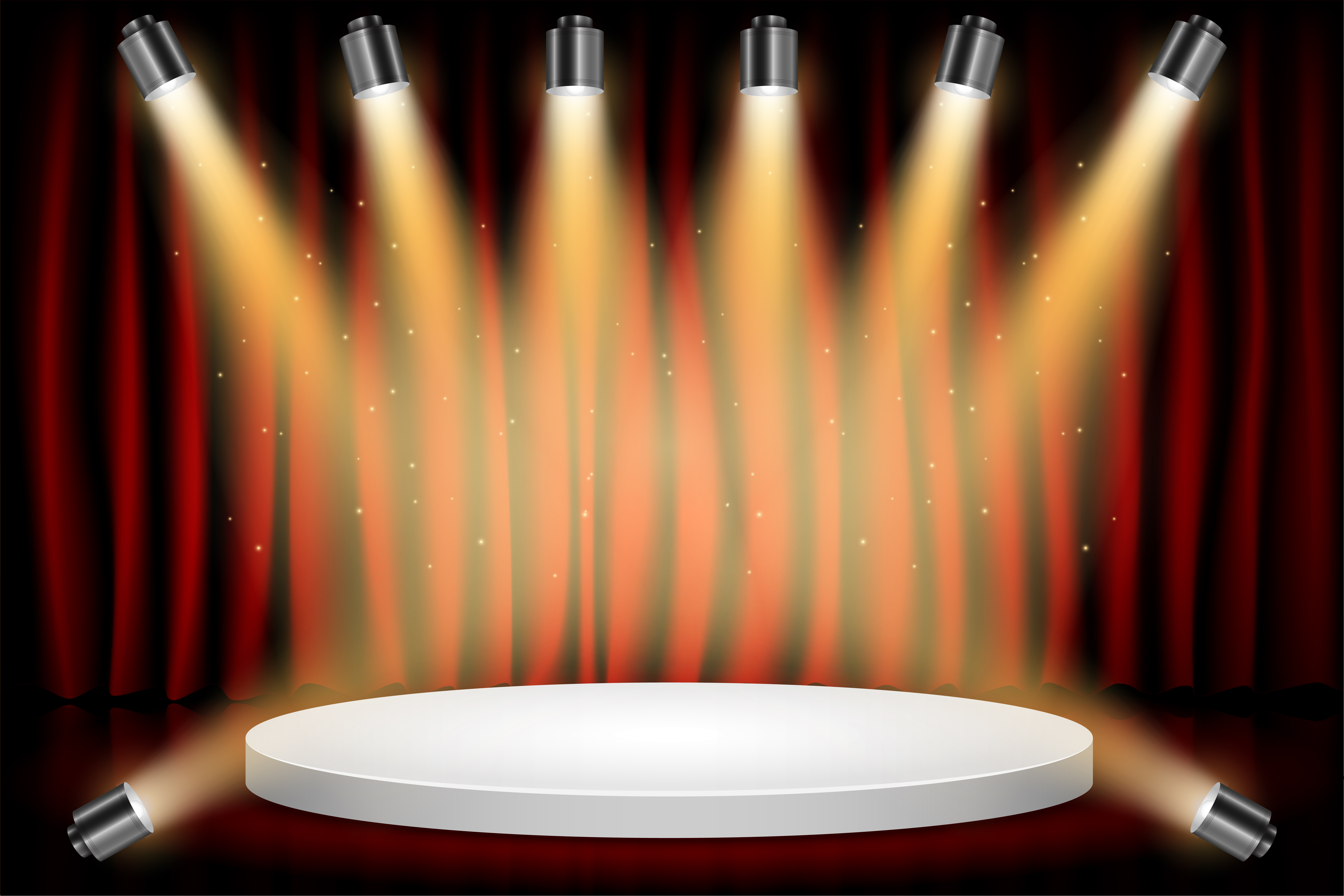 White Round Winner Podium on Red Curtain Theater Scene Stage Background.  Stage with Studio Lights for Awards Ceremony. Spotlights illuminate. Vector  illustration. Background. 633346 Vector Art at Vecteezy