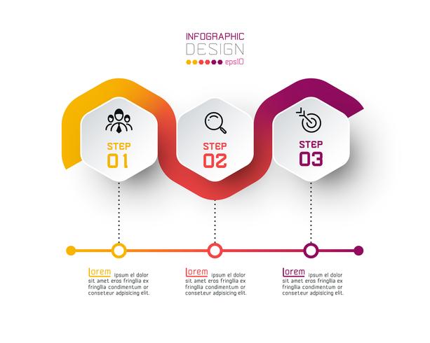 Etiqueta hexagonal con infografías de líneas de color. vector