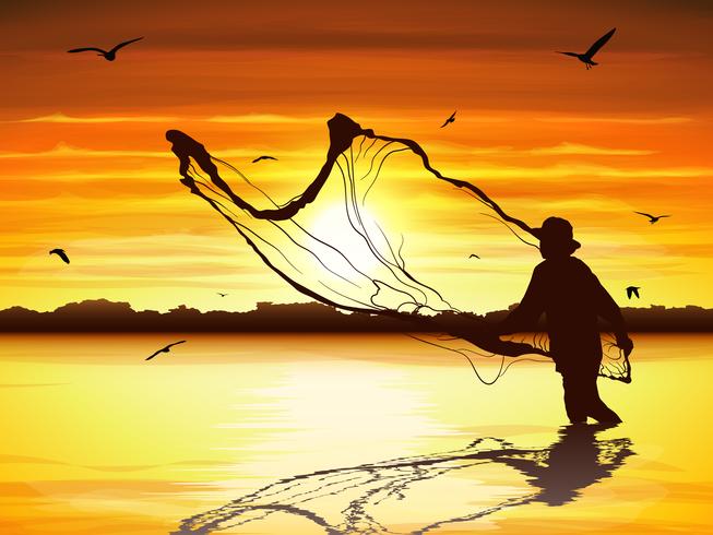 Silueta del hombre que coge los pescados en crepúsculo. vector