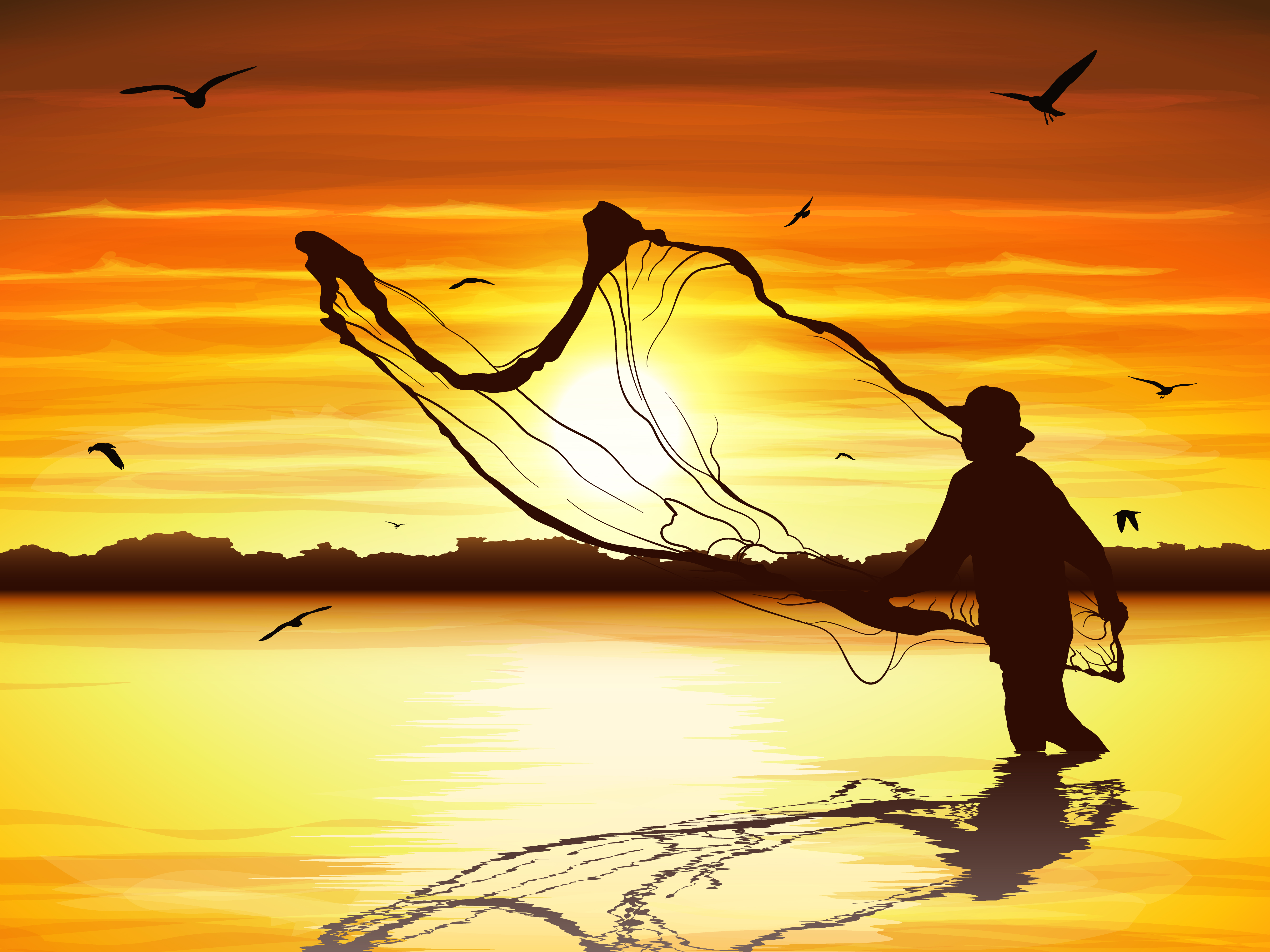Download Silhouette of man catching the fish in twilight. 633462 ...
