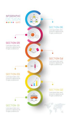 Business circle labels shape infographic around the world map. vector