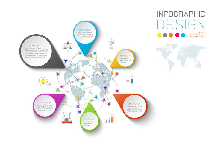 Negocios apuntando etiquetas forma infografía en todo el mundo mapa. vector