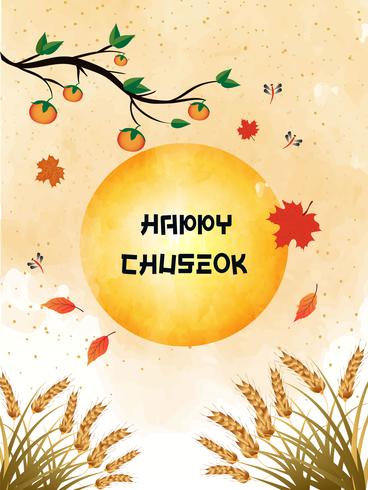 Chuseok banner design.persimmon tree sobre fondo de vista de luna llena. vector