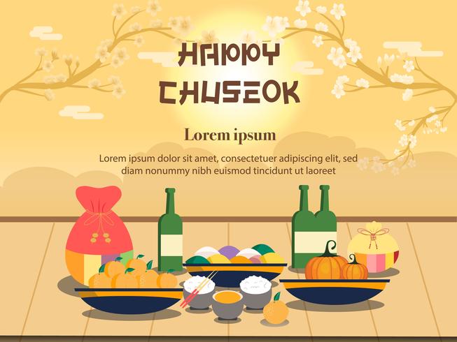 Chuseok banner design.persimmon tree sobre fondo de vista de luna llena. vector