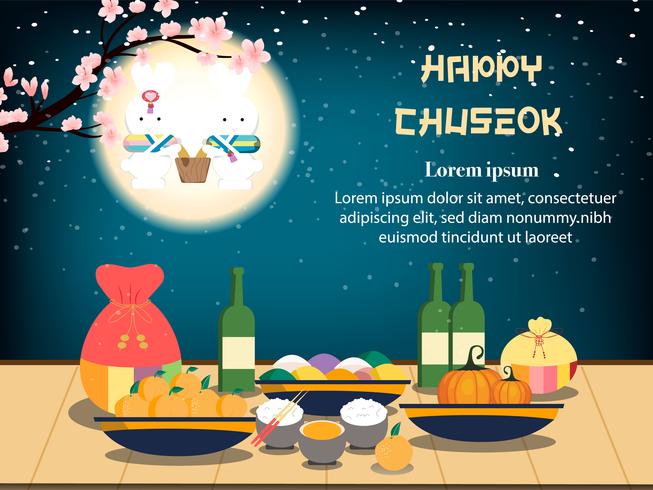 Chuseok banner design. persimmon tree on full moon night view background. vector