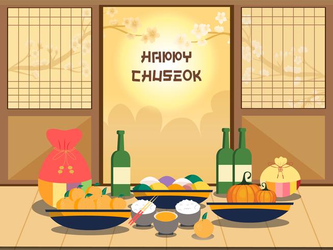 Chuseok banner design.persimmon tree sobre fondo de vista de luna llena. vector