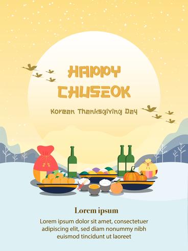 Chuseok banner design.persimmon tree sobre fondo de vista de luna llena. vector