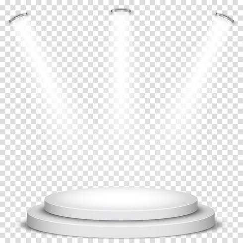 White round winner podium on gray background. Stage with studio lights for awards ceremony. spotlights illuminate. Vector illustration.