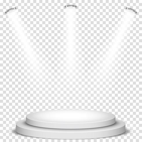 White round winner podium on gray background. Stage with studio lights for awards ceremony. spotlights illuminate. Vector illustration.