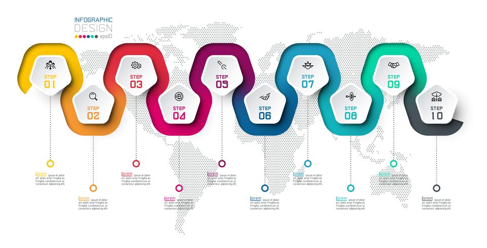 Etiqueta del Pentágono con infografías de líneas de color. vector