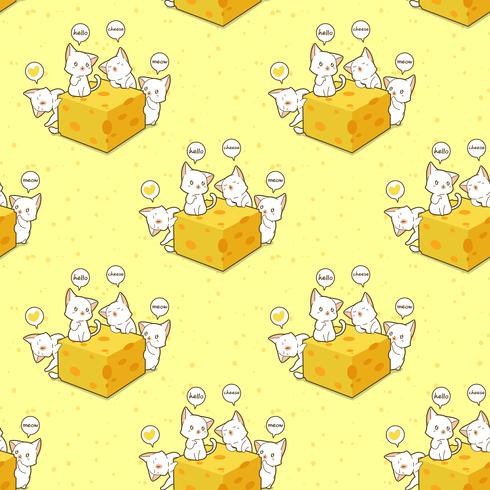 Seamless kawaii cats and cheese pattern vector