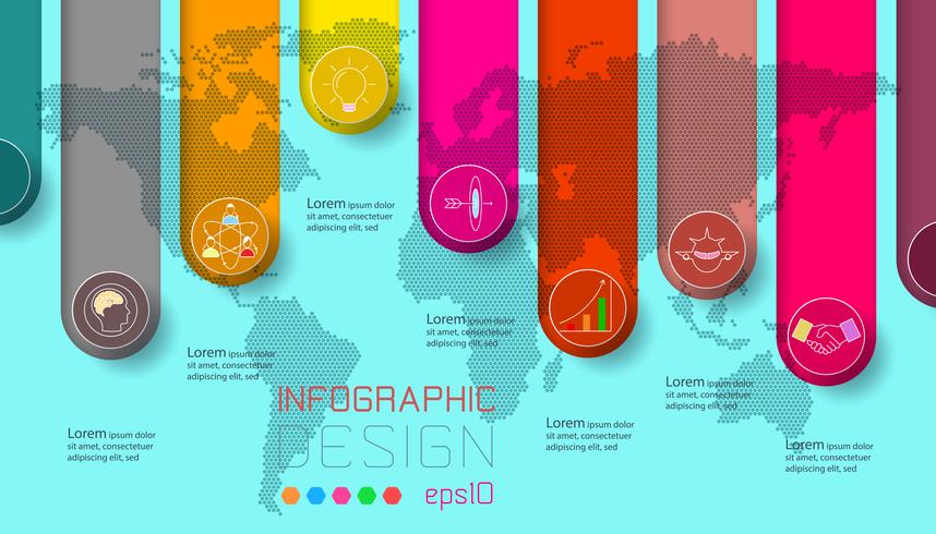 Six labels with business icon and world map background infographics. vector