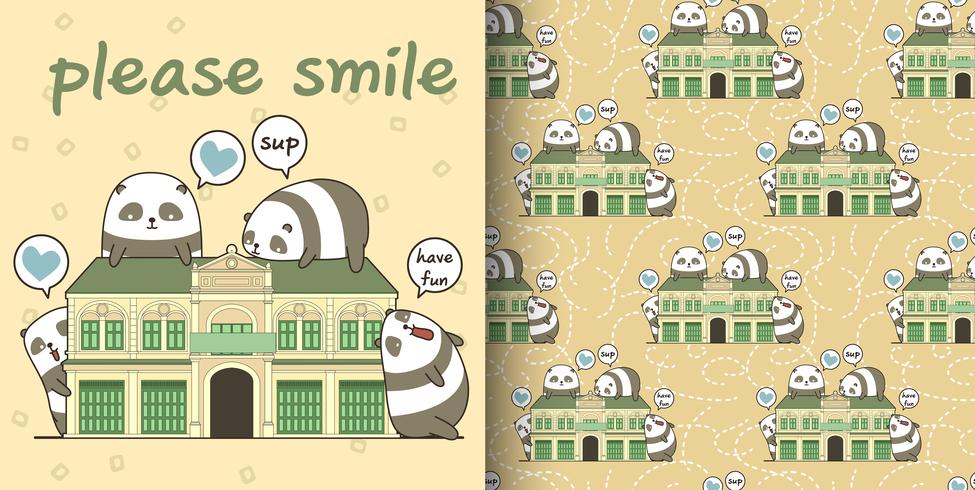 Seamless kawaii pandas with a historic building pattern vector