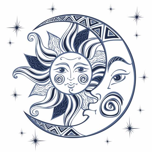 La luna y el sol. Símbolo astrológico antiguo. Grabado. Estilo boho. Étnico. El símbolo del zodiaco. Místico. Vector. vector