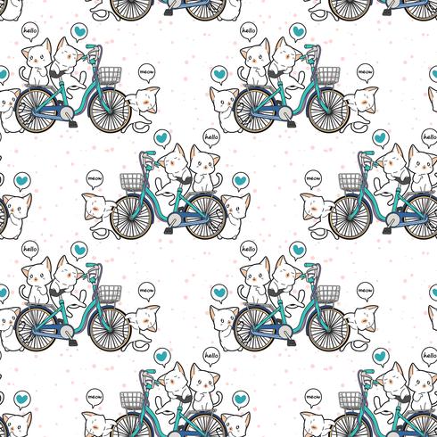 Seamless kawaii cats and bicycle pattern vector