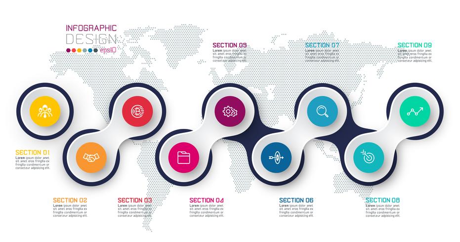 Círculo vinculado con infografías de iconos de negocios en el fondo del mapa del mundo. vector