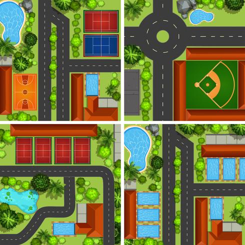 Aerial scenes with roads and sport courts vector